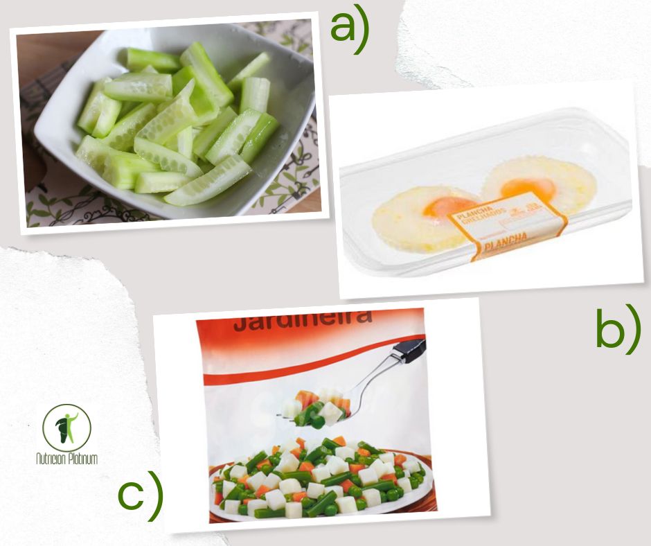 Ensalada de pepino y Huevos a la plancha precocinados con menestra variada.